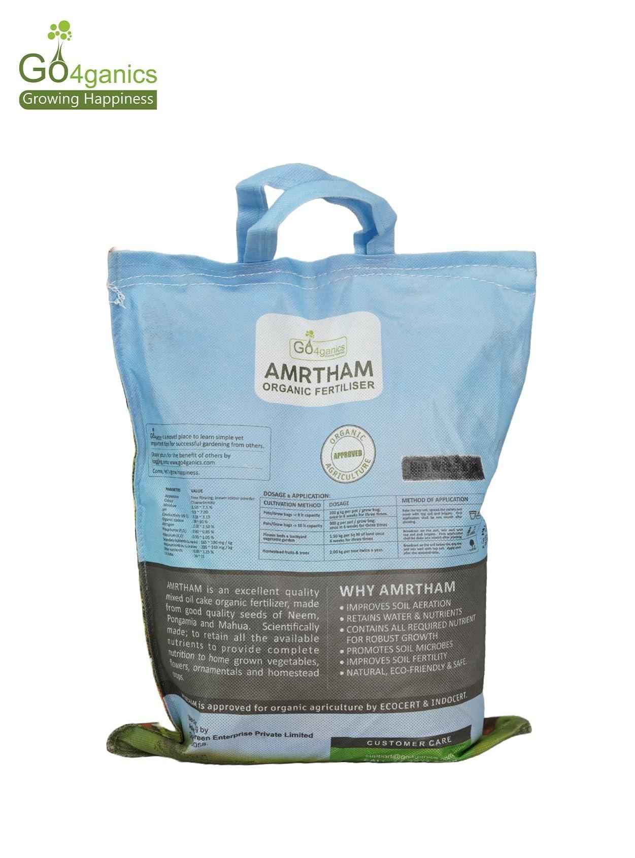 Organic Amrtham De-Oiled Cake fertilizer powder by Go4ganics, used for promoting healthy plant and vegetable growth.
