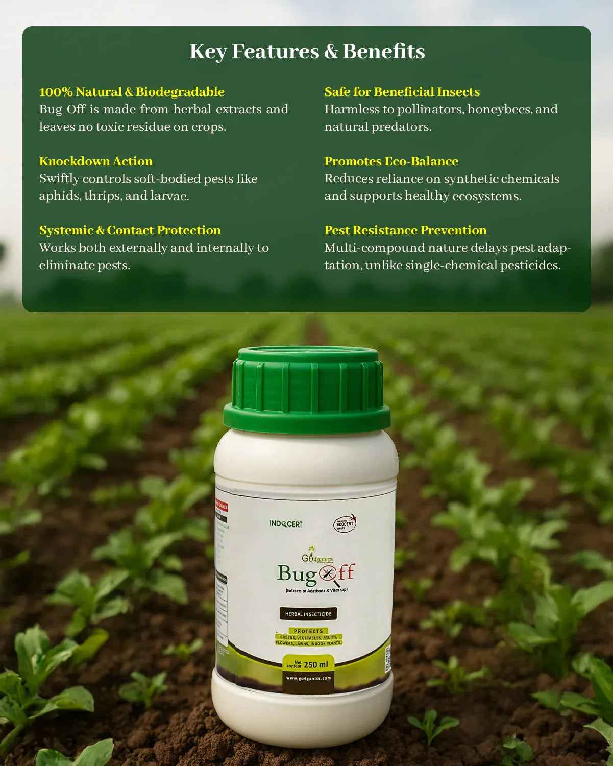 Go4ganics BugOff herbal insecticide spray for plants, organic pest control solution for garden plant protection.