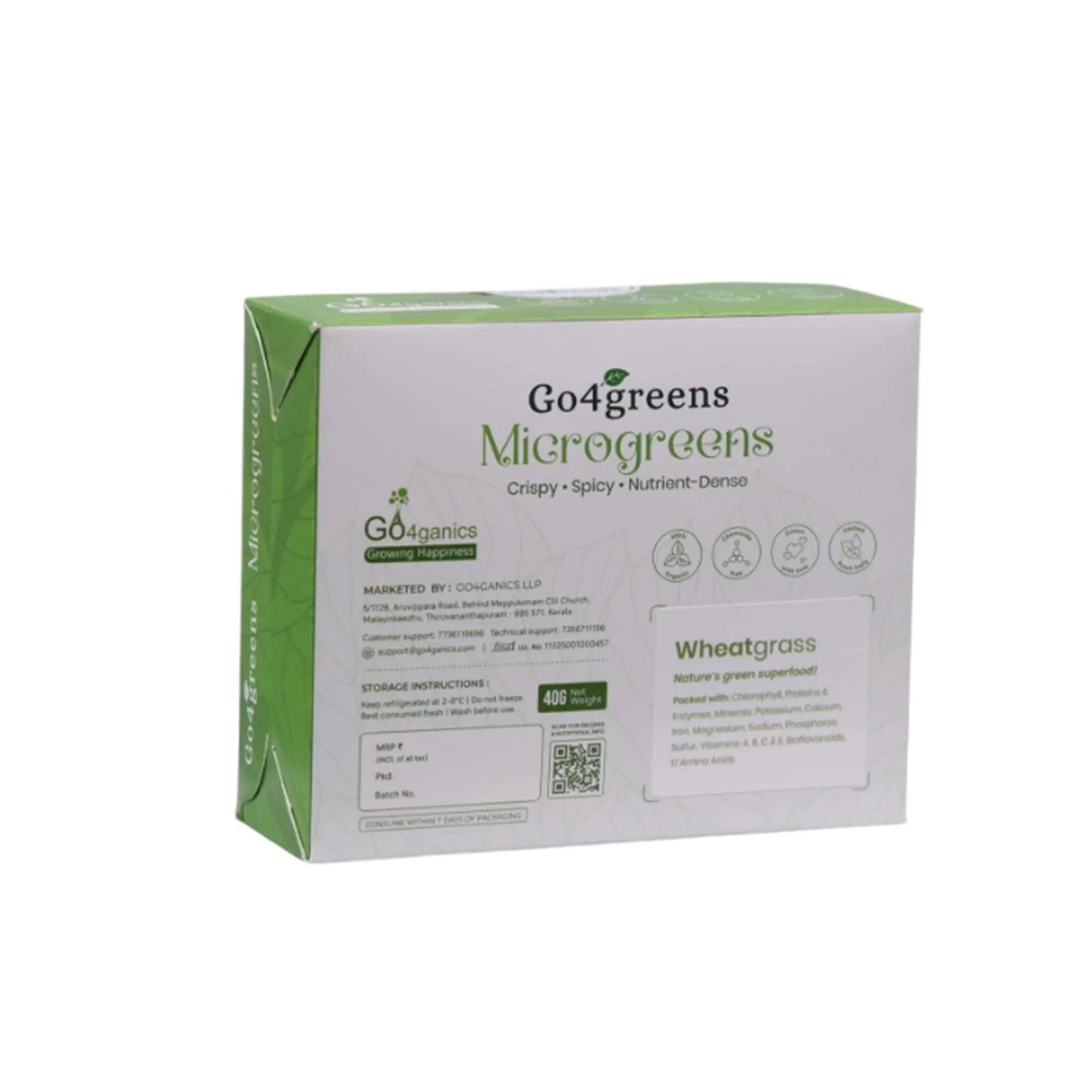 Fresh organic wheatgrass microgreens from Go4ganics, showcasing vibrant green microgreens on a clean background.