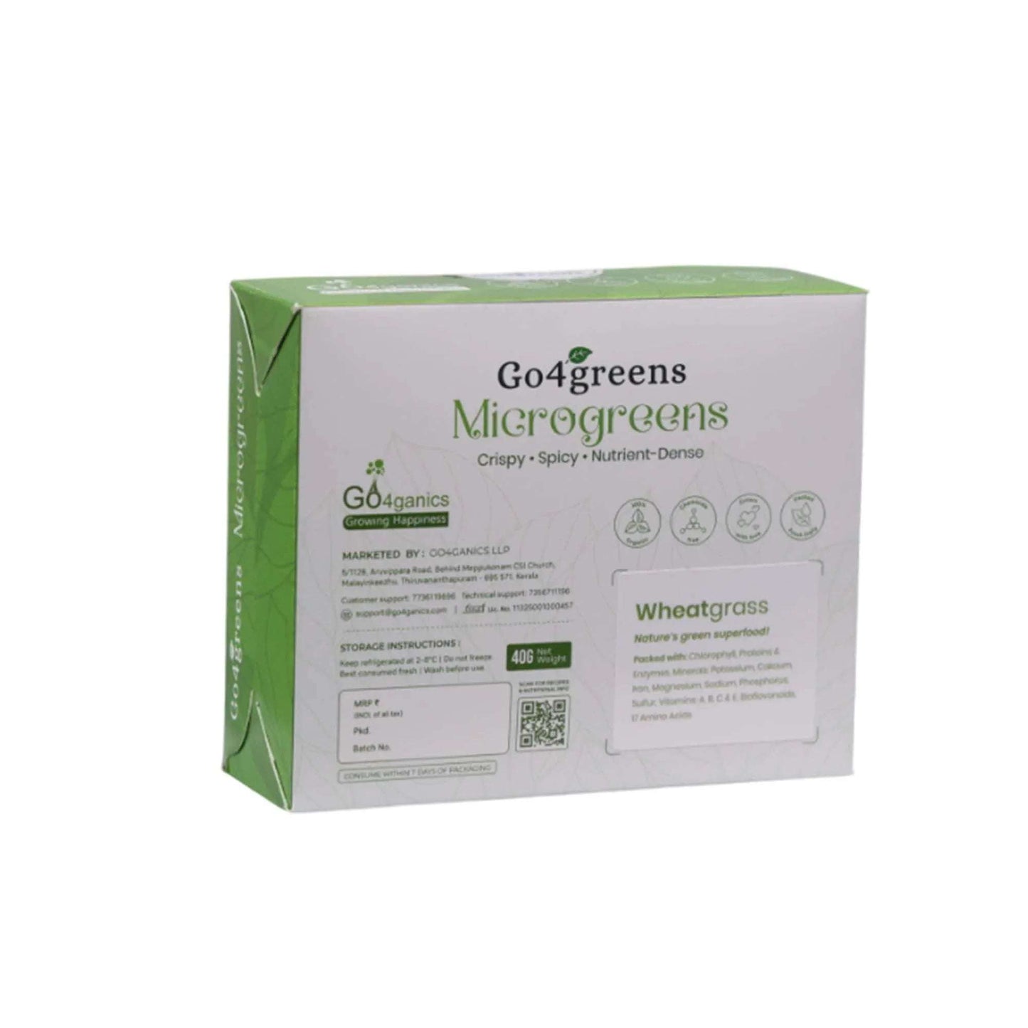 Fresh organic wheatgrass microgreens from Go4ganics, showcasing vibrant green microgreens on a clean background.