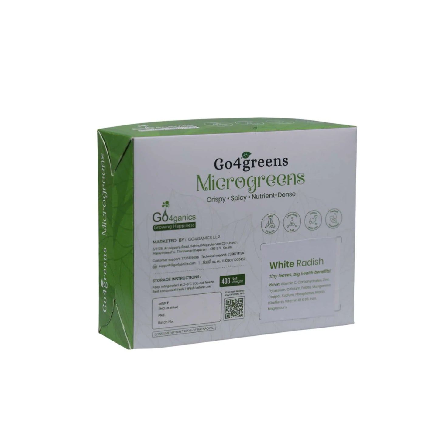 White radish microgreens from Go4ganics, fresh and vibrant microgreens with green and white shoots, ideal for healthy salads.
