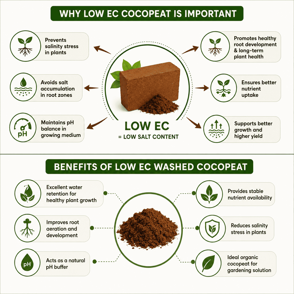 low EC and washed cocopeat for plant growth, featuring a central image of a brown coconut block and powder, surrounded by text detailing benefits such as improved root development and better nutrient uptake.
