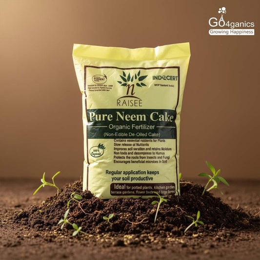 nRAISEE Pure Neem Cake Organic Fertilizer by Go4ganics – best neem cake fertilizer for soil health improvement in home gardens, terrace gardens and grow bags
