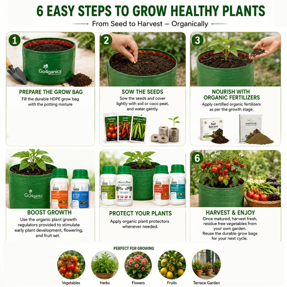 '6 EASY STEPS TO GROW HEALTHY PLANTS' shows six numbered steps with photos of a green potting bag, seeds, fertilizer, plant protectants, and harvested plants. The product shown repeatedly is the green reusable potting bag branded -Go4rganics.