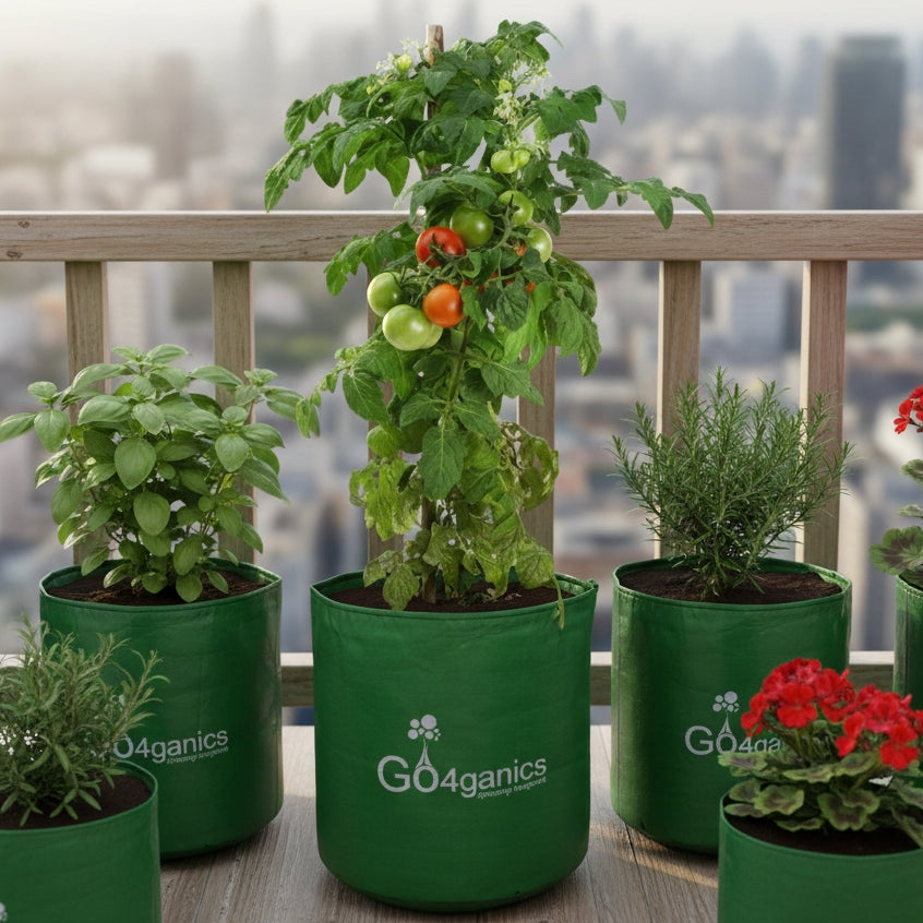 plants with Go4ganics growbag on a balcony gardening