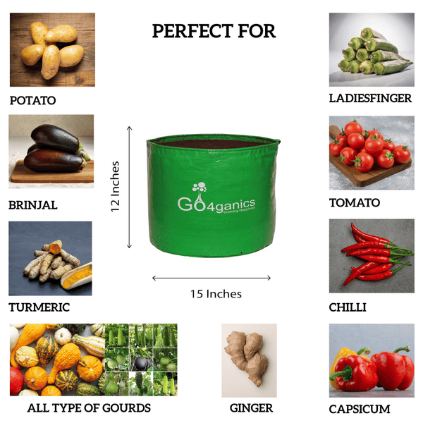 Set of 10 HDPE grow bags for vegetables by Go4ganics, durable plastic planting containers for gardening and plant growth.
