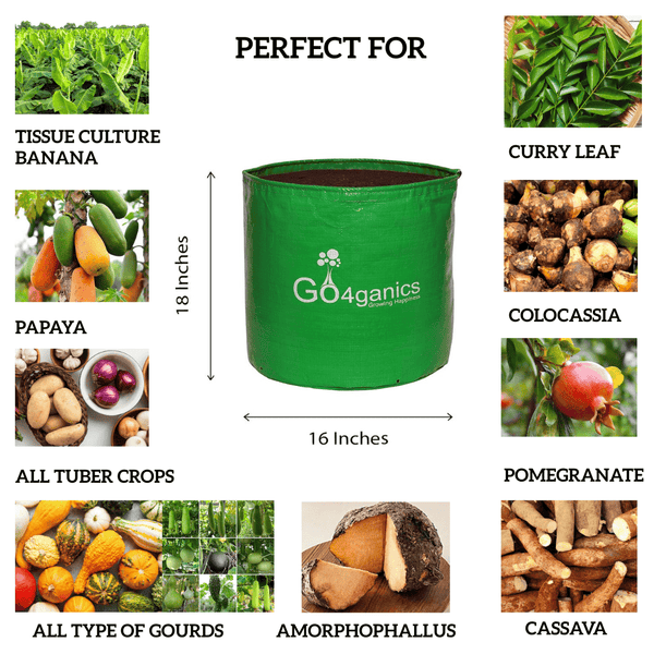 Set of 10 HDPE Grow Bags for plants by Go4ganics, 16x18 inches, ideal for vegetable gardening and plant cultivation.