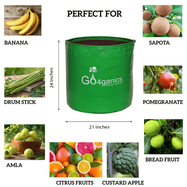 Pack of 10 HDPE grow bags for vegetables from Go4ganics, durable plastic containers for gardening and plant growth.