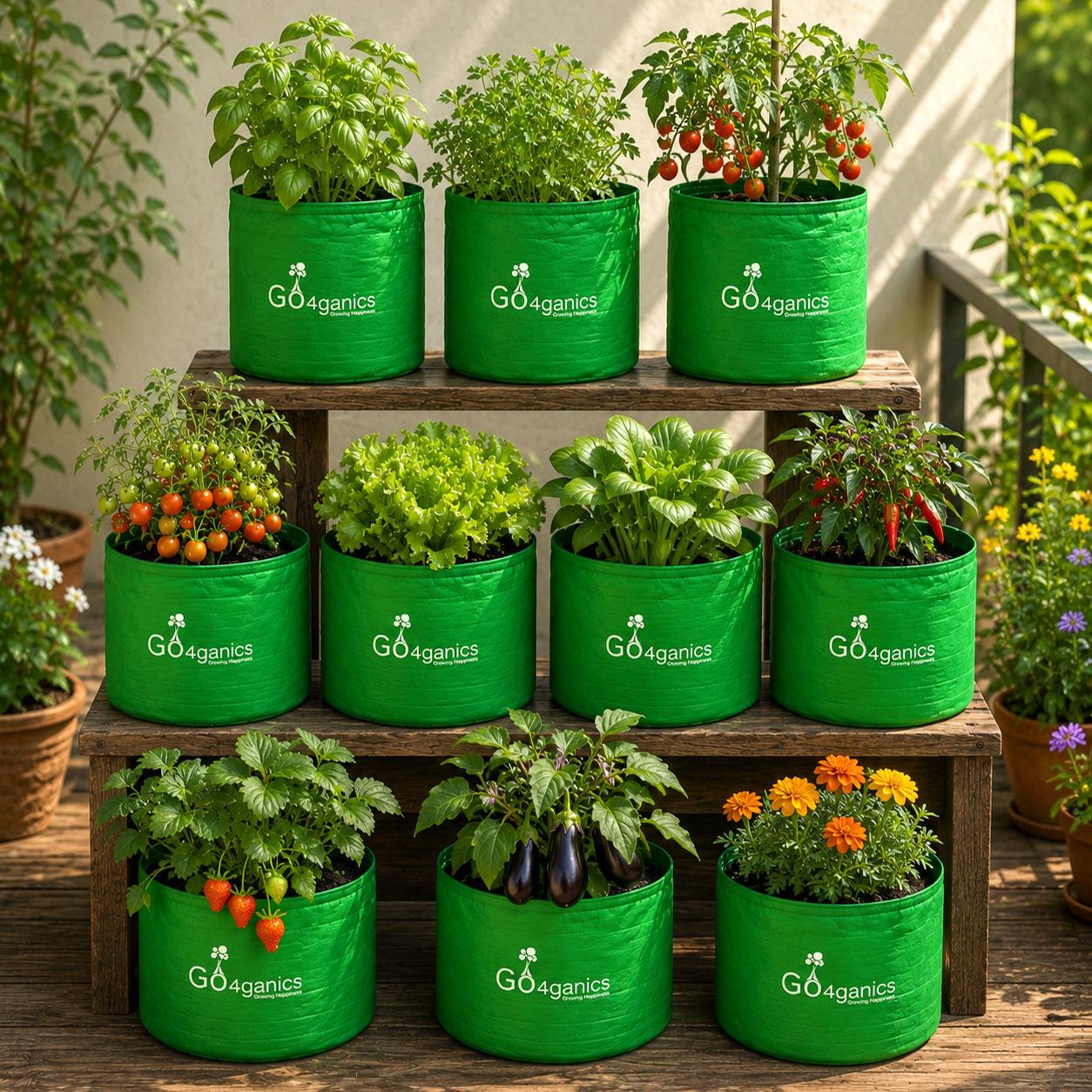 Pack of 10 HDPE grow bags for vegetables by Go4ganics, made of durable material, perfect for gardening and plant cultivation.