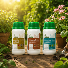 Go4ganics herbal  protectants (Fungistop, Nonema, and ViroCure) arranged on a wooden surface outdoors with gardening plants for home garden