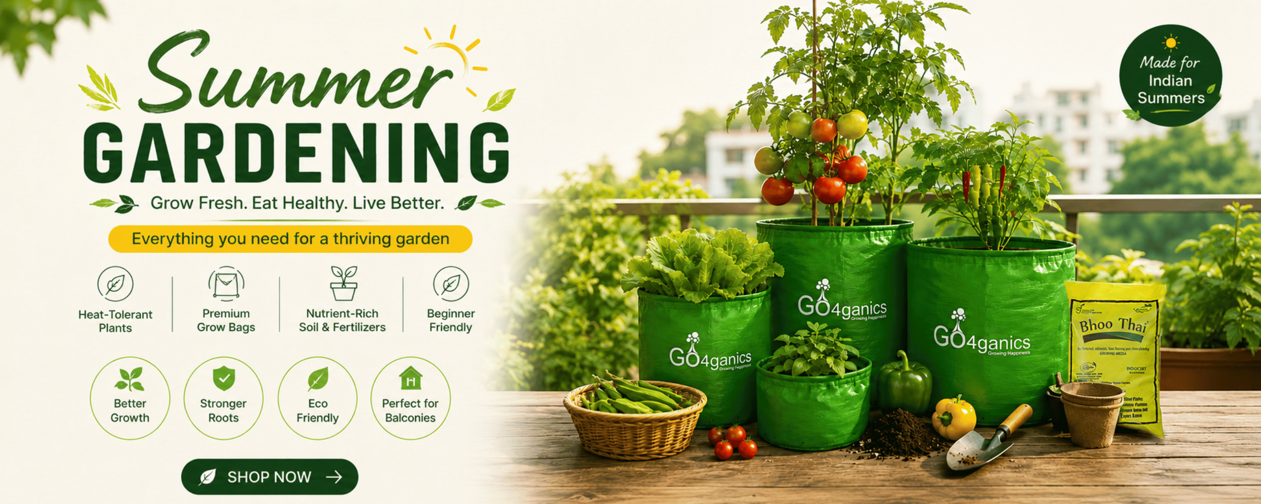 Go4ganics Gardeners summer gardening kit, showing green plastic pots filled with tomato plants and other garden plants on a wooden deck, alongside a bag of soil, a small trowel, and a basket of green beans