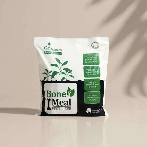 Organic bone meal fertilizer by Go4ganics, showing plant and vegetable roots enriched with bone meal nutrients for healthy growth.