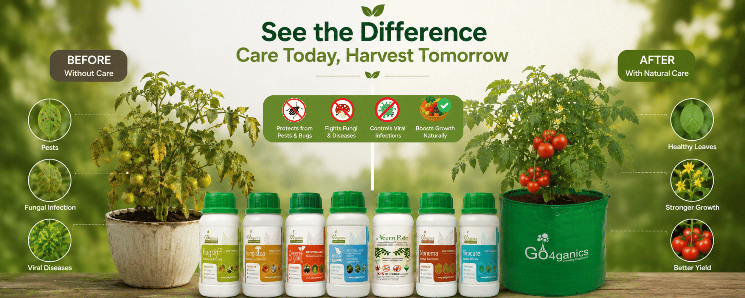 seven liquid plant nutrient bottles with green caps, set against a soft-focus green garden background with fresh vegetables and herbs