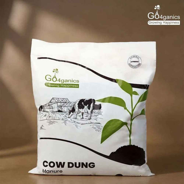 Organic cow dung powder by Go4ganics used as natural fertilizer for plants and vegetables, showing a bag of organic plant nutrition.