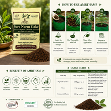 Aisae Pure Neem Cake Organic Farmace. The layout includes a product pouch, a pile of neem cake, a usage guide with four steps, benefit for home gardening