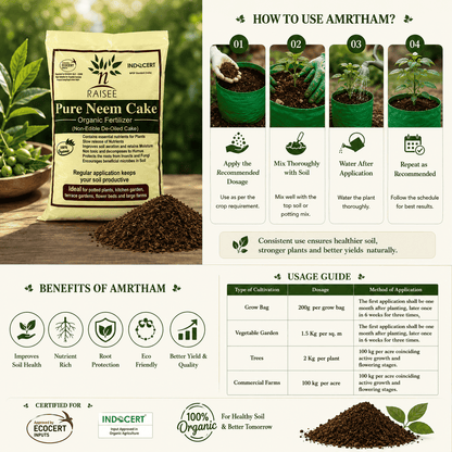 Aisae Pure Neem Cake Organic Farmace. The layout includes a product pouch, a pile of neem cake, a usage guide with four steps, benefit for home gardening
