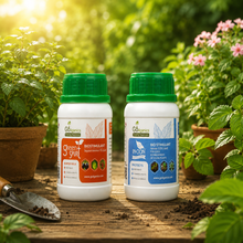 Go4ganics Agro BioStimulant and N-oon plant nutrients with green caps, displayed on a wooden surface with soil and potted plants for plant and home gardening 