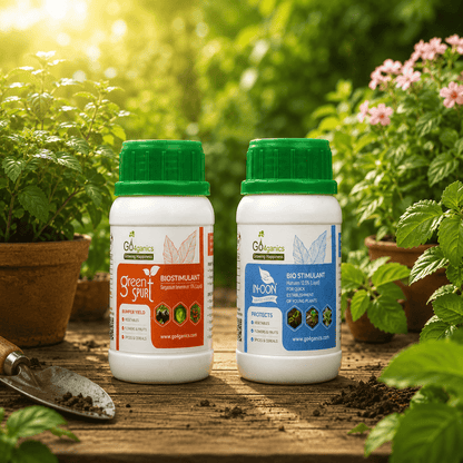 Go4ganics Agro BioStimulant and N-oon plant nutrients with green caps, displayed on a wooden surface with soil and potted plants for plant and home gardening 