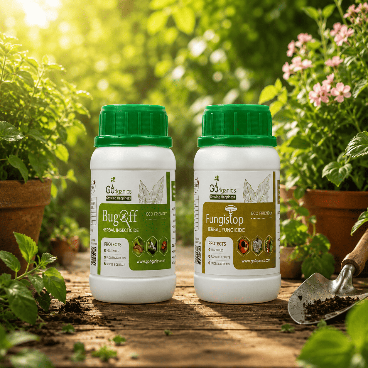  Go4ganics herbal pesticides, one labeled Bug Off and the other Fungistop, with green caps, displayed on a wooden surface in a garden setting  for home gardening 