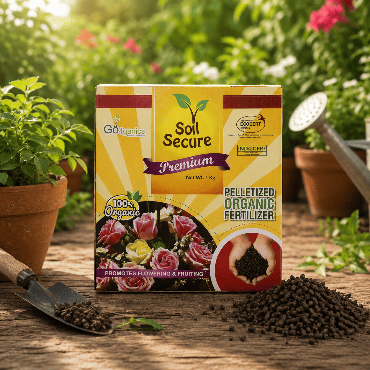 Organic Soil Secure de-oiled cake fertilizer granules by Go4ganics, ideal for nourishing home garden plants and vegetables.