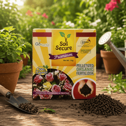Organic Soil Secure de-oiled cake fertilizer granules by Go4ganics, ideal for nourishing home garden plants and vegetables.