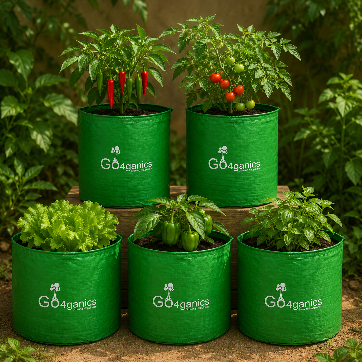 Set of five HDPE grow bags by Go4ganics for vegetable gardening, showing various sizes filled with soil and healthy plants.