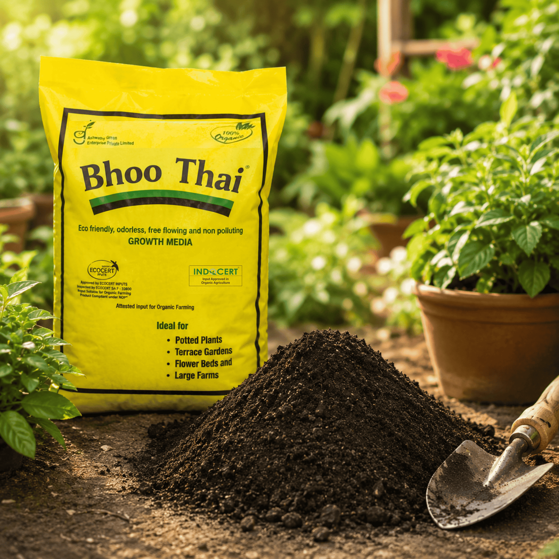 Bhoo Thai GROWTH MEDIA stands on garden soil next to a pile of dark compost and a small hand trowel, with blurred potted plants for home gardening