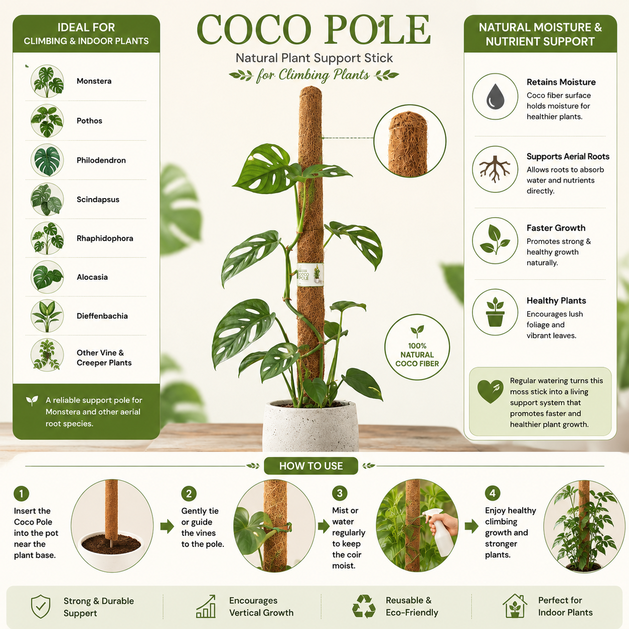 Coco Pole natural plant support stick. The center shows a potted climbing plant wrapped around a brown coconut pole, with callout labels pointing to the pole and a small inset showing the pole in soil.