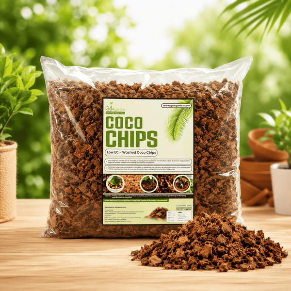 ag of Coco Chips (washed coco coir) sits on a wooden table with a pile of the brown coir chips in front. The background is a soft-focus green garden with potted plants.