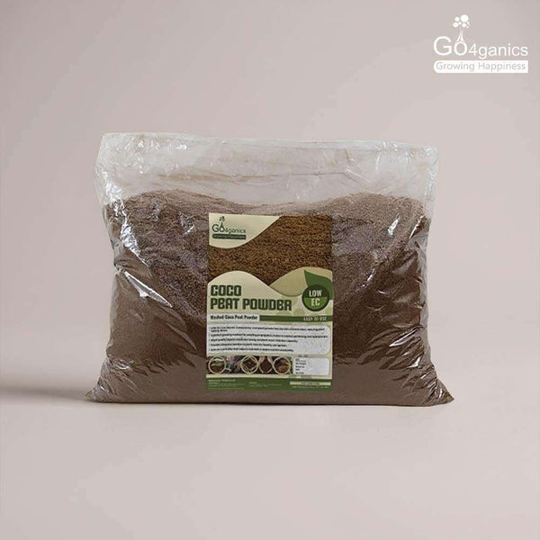 Premium Go4ganics low EC cocopeat powder used as growing media for gardening and potting plants.