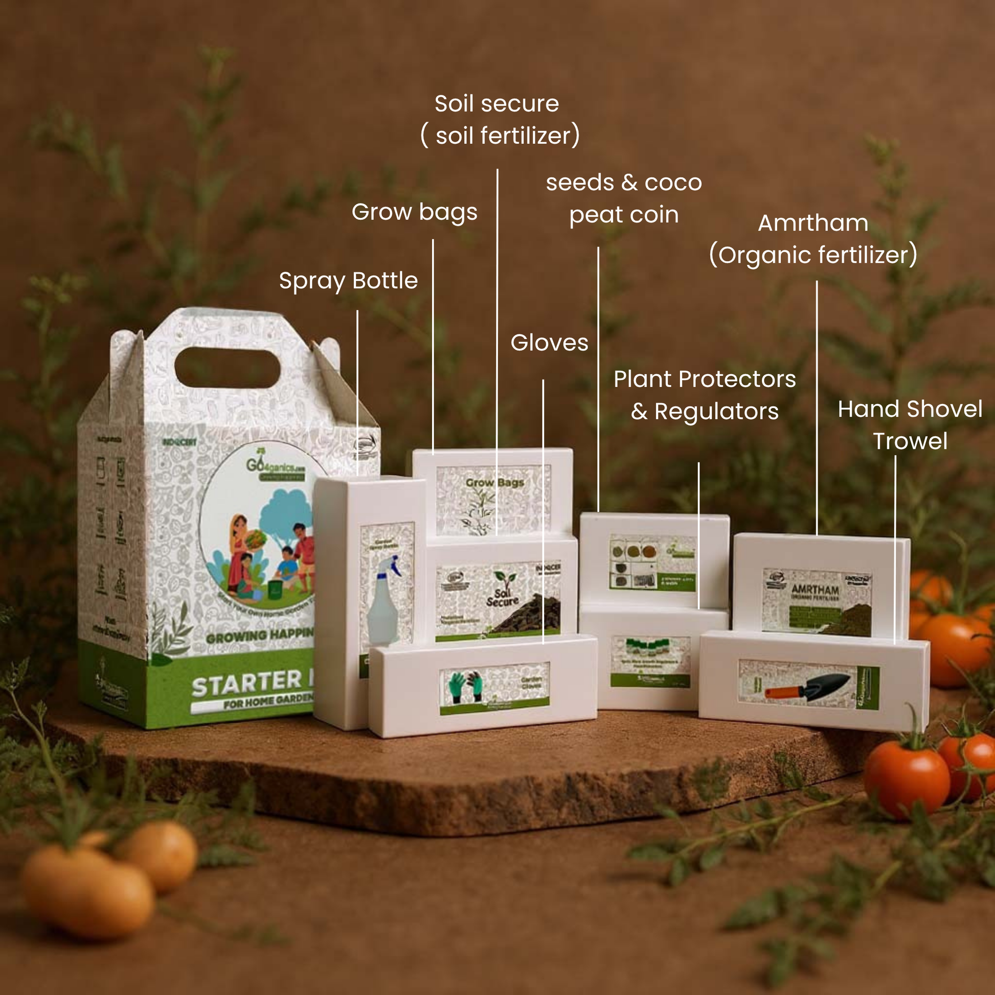 Go4ganics gardening supplies including soil secure, grow bags, spray bottles, gloves, and plant protectors