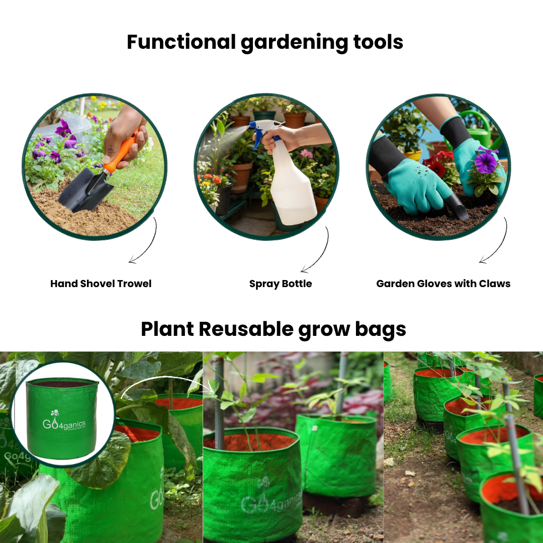 Gardening tools and reusable grow bags 