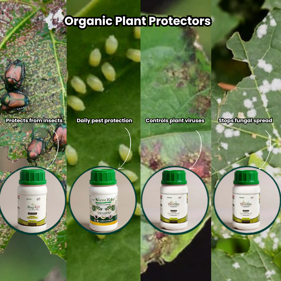 organic plant protectors with images of pests, plants, and protective bottles.