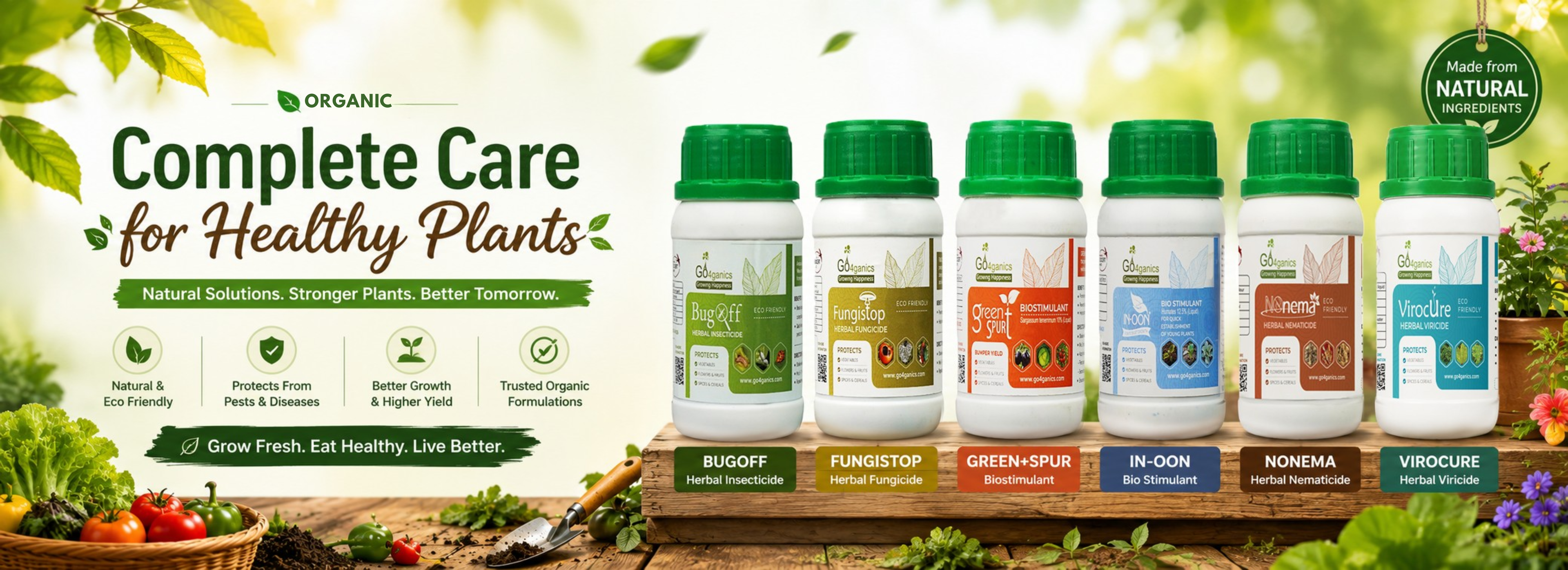 Go4ganics- organic plant care products, featuring six white plastic bottles with green caps labeled Buddoy, Fungistop, Green-Spas, In-Oon, Nonema, and Viroclure, displayed on a wooden stand with fresh produce for home gardening 