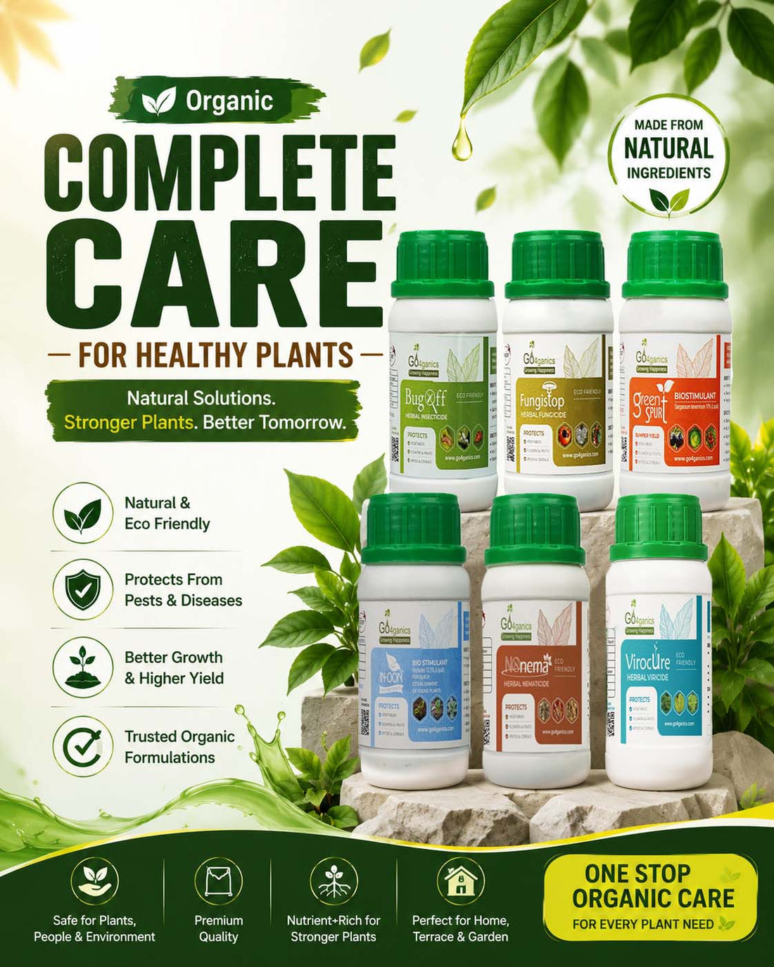 Go4ganics - organic complete plant care products, showing six white plastic bottles for home gardening  