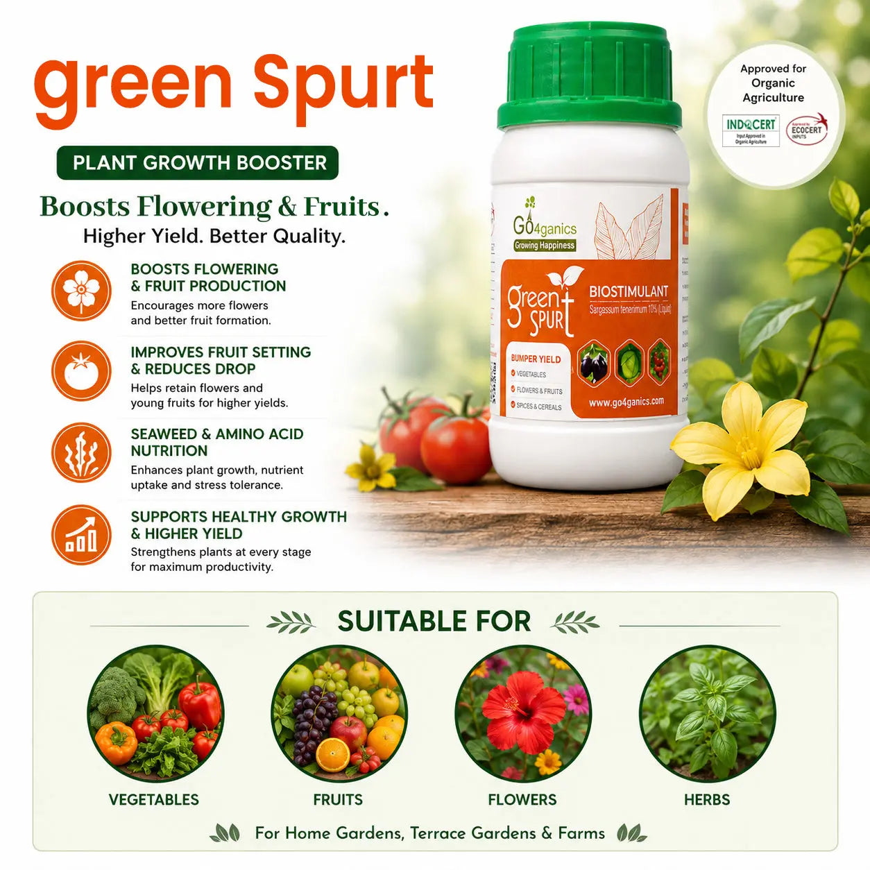 Green Spurt (Protein Hydrolysate and Aminoacid) - plant growth booster for home garden Go4ganics
