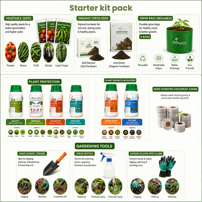 garden starter kit pack bundle containing various seed packets, organic fertilizers, grow bags, plant protection sprays, growth boosters, gardening tools, and gloves, all displayed on a clean white background with descriptive text labels.