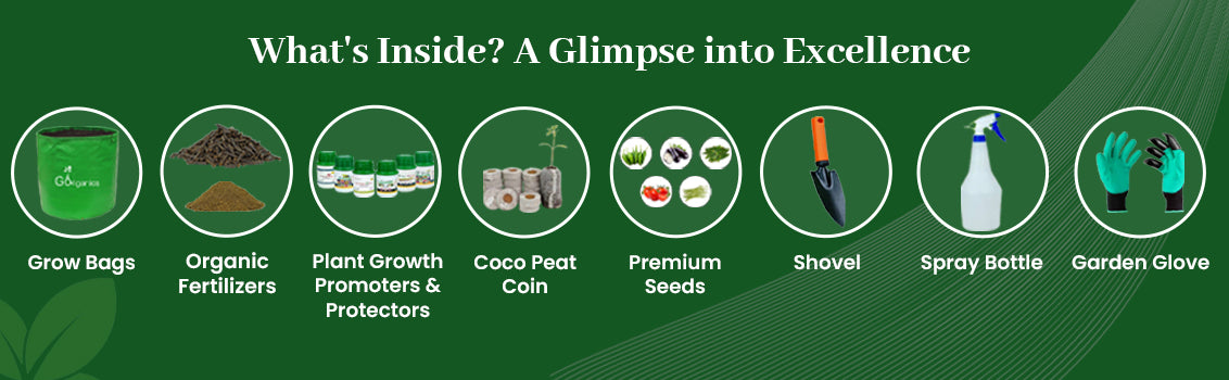List of gardening products including plant protectors, growth regulators, grow bags, fertilizers, accessories, seeds, and peat coins on a white background.