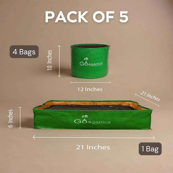 Set of five multi-size Go4ganics grow bags for vegetables, ideal for balcony and terrace gardening.