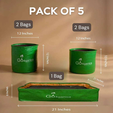 Set of five Go4ganics multi-size grow bags for vegetable gardening, ideal for balcony and terrace planting.