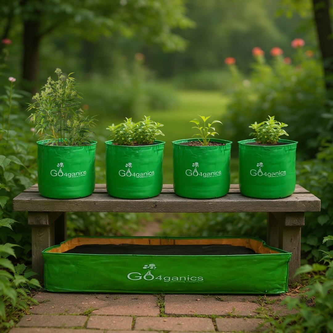 Set of five Go4ganics multi-size grow bags for vegetables, ideal for balcony and terrace gardening.