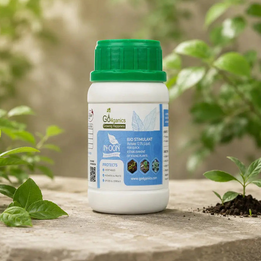 Organic Go4ganics In-oon humic formulation root growth booster for plants, showing healthy plant roots and lush foliage.