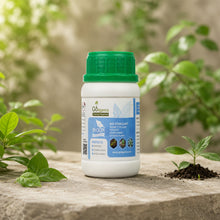 Organic Go4ganics In-oon humic formulation root growth booster for plants, showing healthy plant roots and lush foliage.