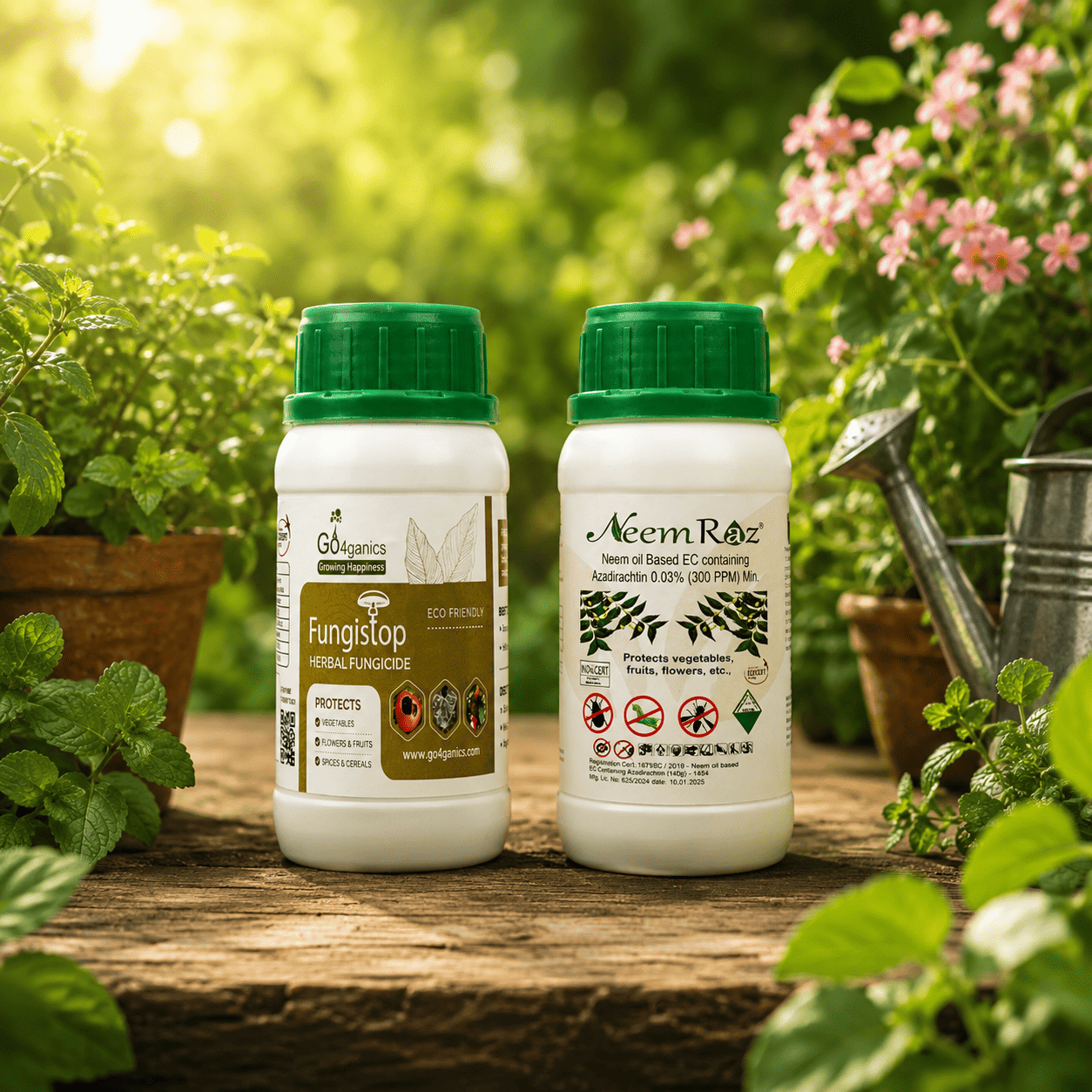  bottles of plant protection products with green