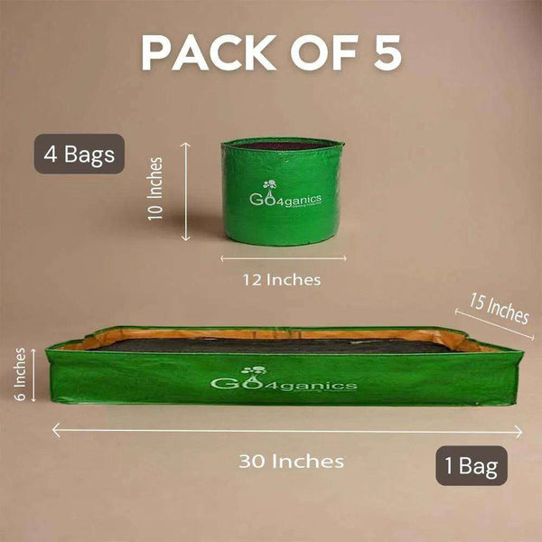 HDPE vegetable grow bags by Go4ganics for terrace and balcony gardening, shown filled with soil and plants.