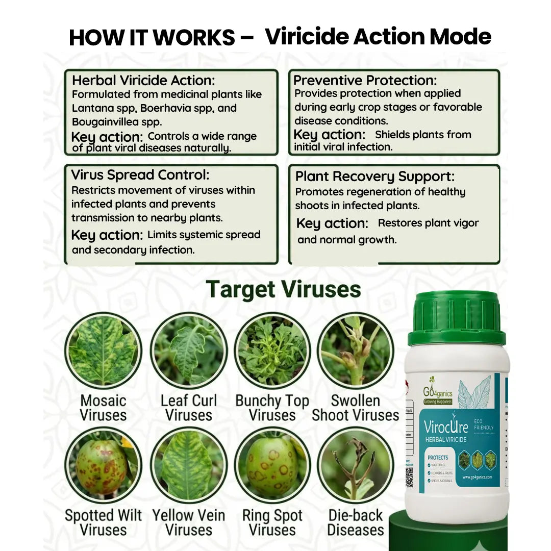 Virocure herbal plant protection spray from Go4ganics controlling mosaic virus, leaf curl, and yellow veins for healthy plants.