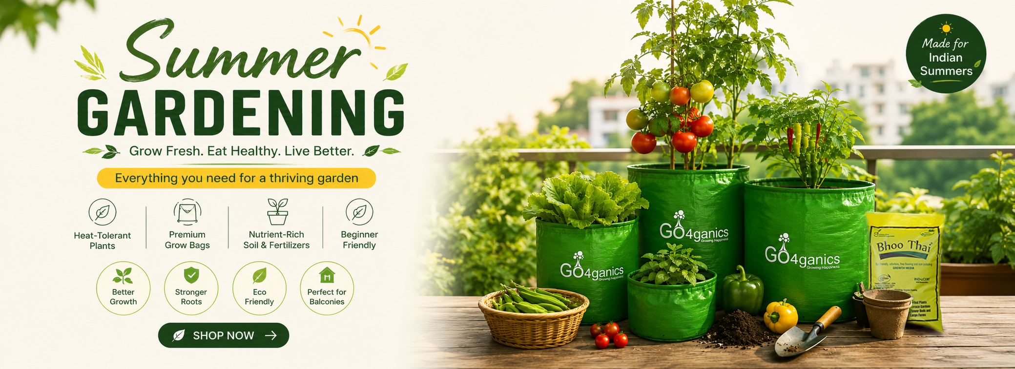 Summer organic gardening sale banner featuring green HDPE grow bags and plant care kits on a wooden table.