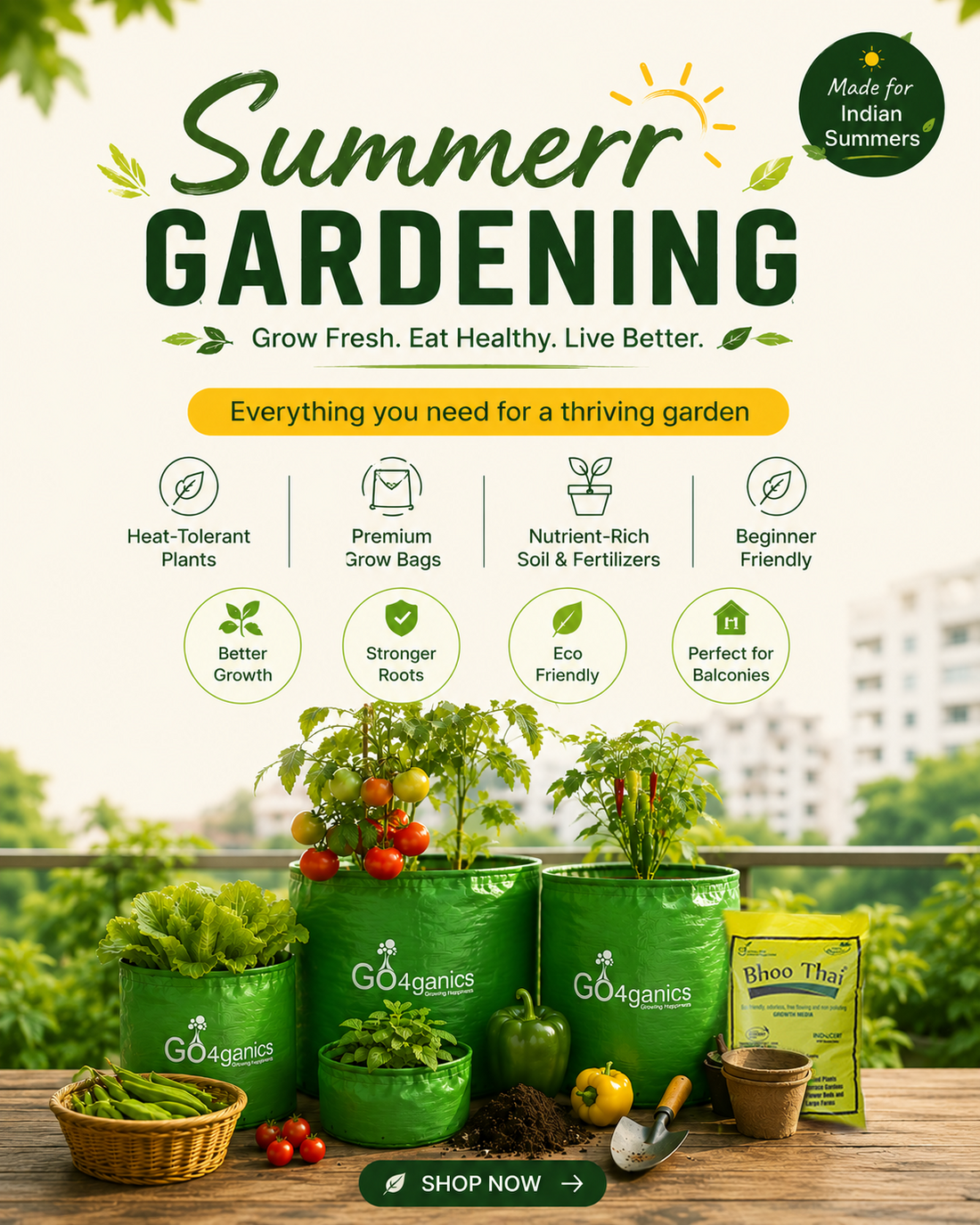 Go4ganics summer gardening banner with vegetable grow bags and organic fertilizers for balcony gardens 