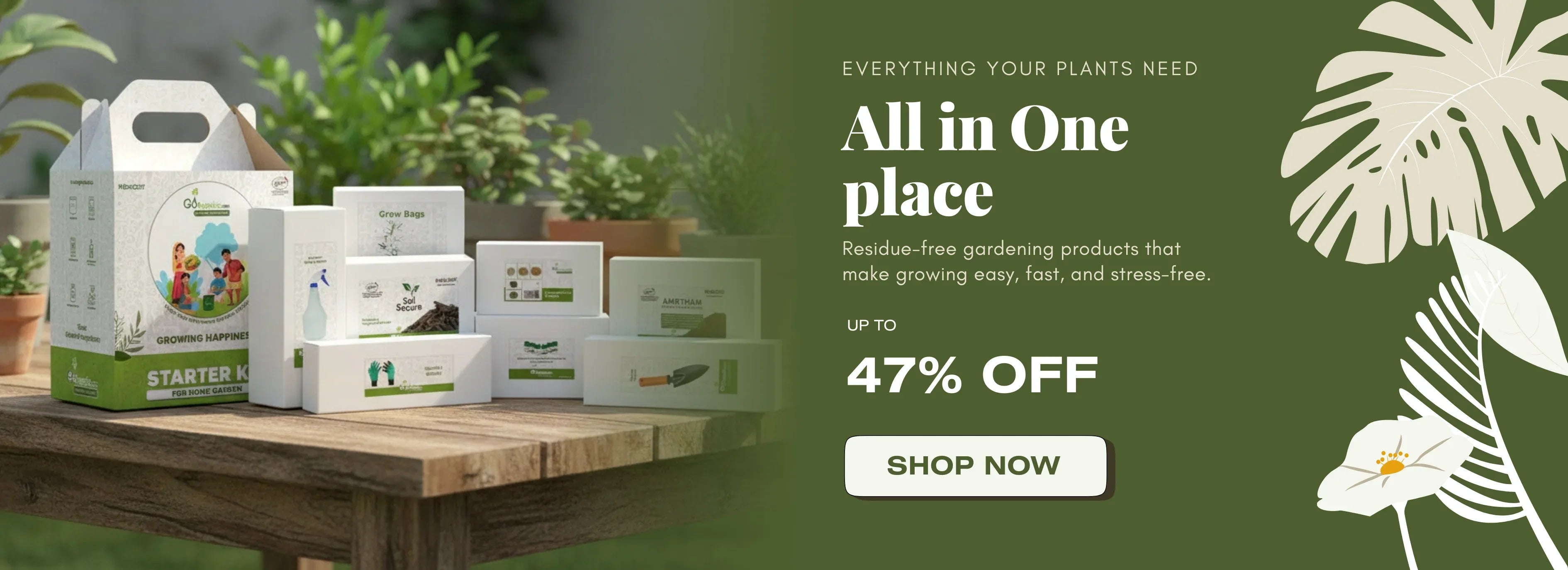 Everything your plants need promotional banner for home and terrace gardening showing organic fertilizers and starter packs