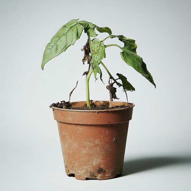 Potted plant with a few leaves on a plain background